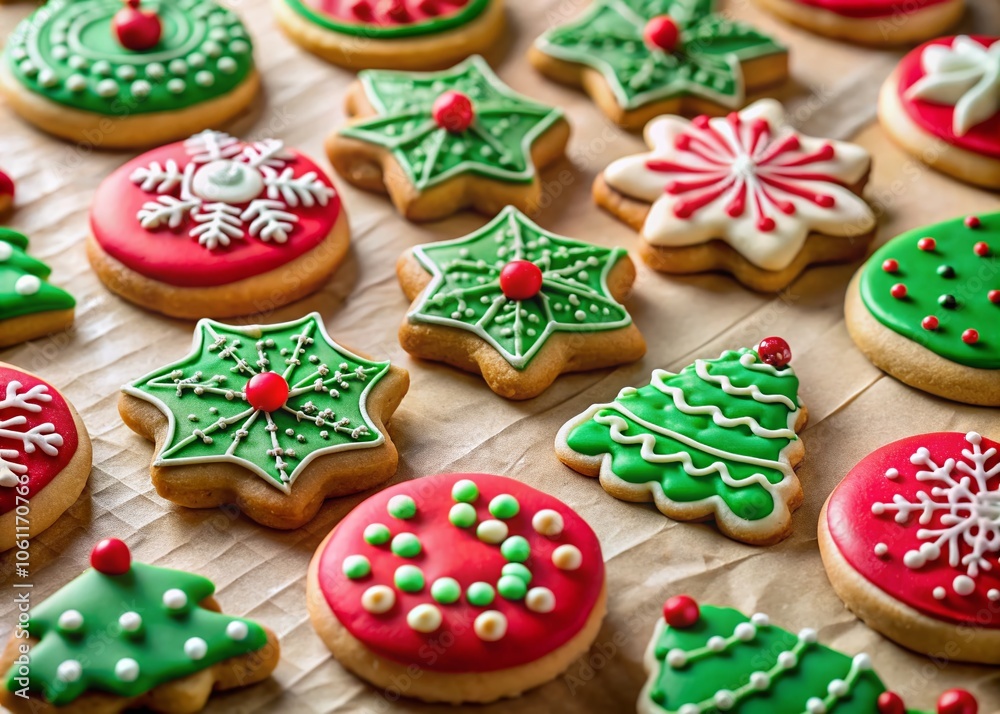 Closeup of Festively Decorated Christmas Cookies on Baking Paper, Perfect for Holiday Treats and Seasonal Celebrations