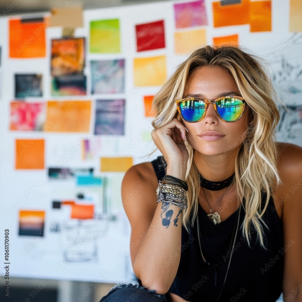 A stylish person with braided hair wears colorful sunglasses, posing confidently against a backdrop of vibrant artwork and color swatches. A stylish person with braided hair wears colorful sunglasses, posing confidently against a backdrop of vibrant artwork and color swatches.