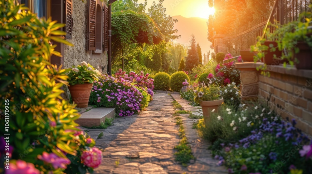 a view of a luxuriously landscaped backyard at sunset. A beautiful view of the walkway, flowers, and greenery. a view of a luxuriously landscaped backyard at sunset. A beautiful view of the walkway, flowers, and greenery.