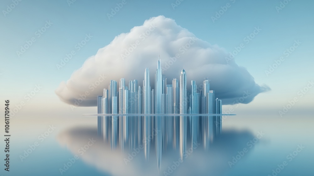 Fototapeta premium Futuristic cityscape with skyscrapers floating on a serene reflective surface, AI