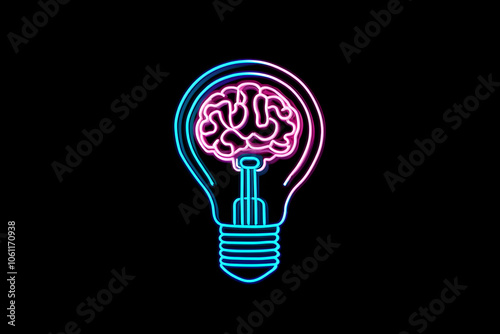 A neon wireframe lightbulb containing a brain, embodying creativity and visionary leadership qualities, standing out against a black background.