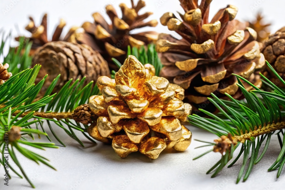 Fototapeta premium Close-Up of Gold Nugget with Au Symbol Surrounded by Pine Cones and Needles on White Background for Seasonal Design