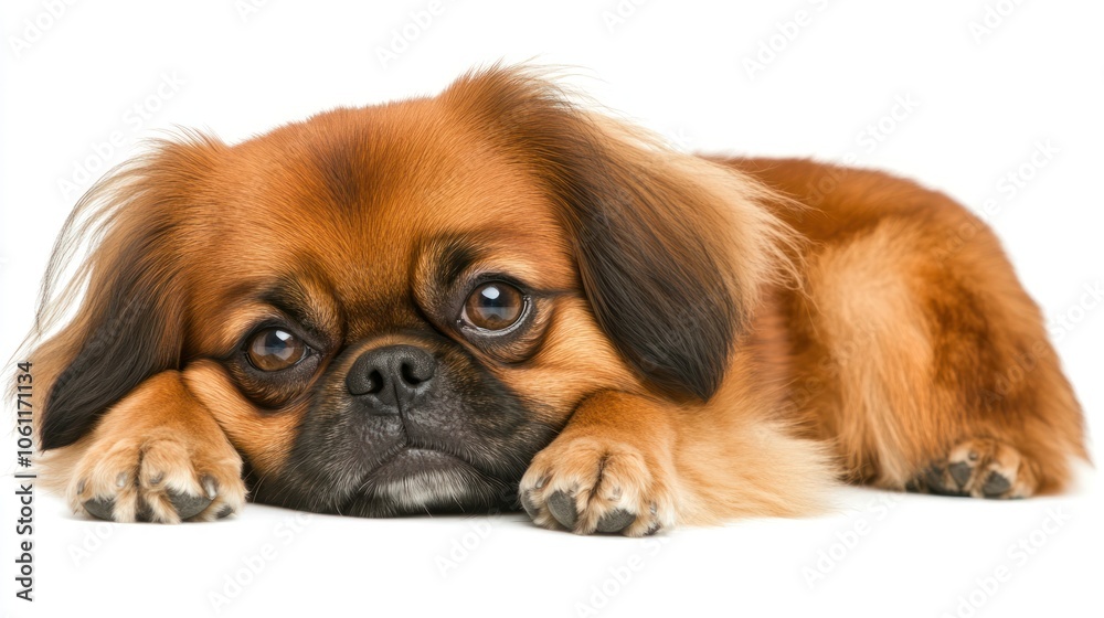 A Pekingese dog resting with a sad expression, showcasing its fluffy fur and large eyes. A Pekingese dog resting with a sad expression, showcasing its fluffy fur and large eyes.