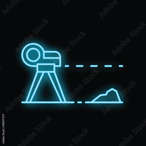 Cyan neon icon of a total station, a surveying instrument measuring angles and distances, used in topography and construction