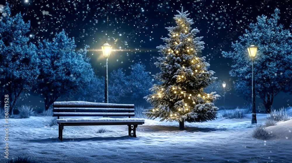 a christmas scene with a bench and trees. seamless looping time-lapse virtual 4k video animation background