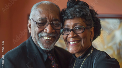 An older elderly happy married couple poses smiling together married anniversary grandparents aging old wearing glasses