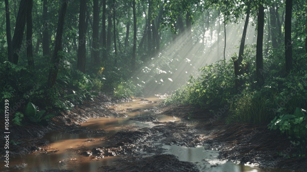 Fototapeta premium A serene forest scene with sunlight filtering through trees and a winding stream.