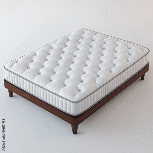 White mattress with tufted top and wooden frame on white background.