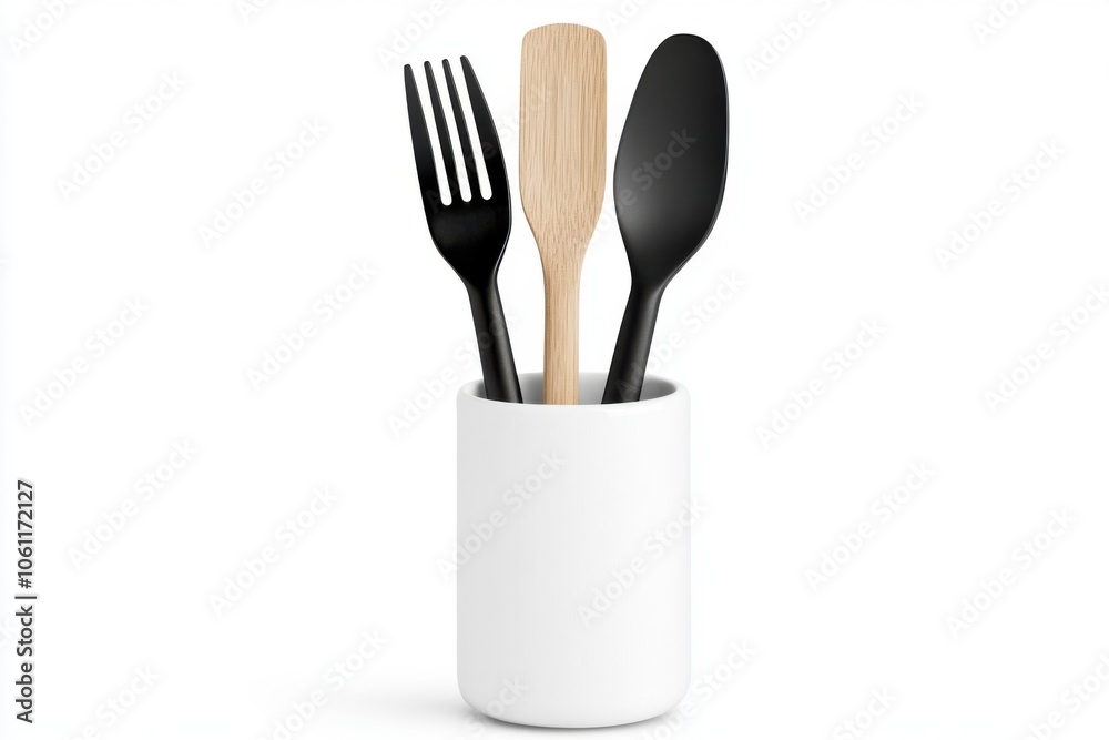 A modern utensil holder containing a fork, a spatula, and a spoon, showcasing a minimalist design in a stylish kitchen setup. A modern utensil holder containing a fork, a spatula, and a spoon, showcasing a minimalist design in a stylish kitchen setup.