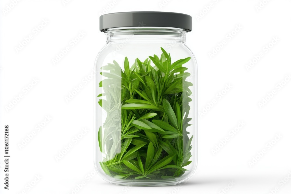 A glass jar filled with fresh green leaves, showcasing a vibrant and natural aesthetic. A glass jar filled with fresh green leaves, showcasing a vibrant and natural aesthetic.