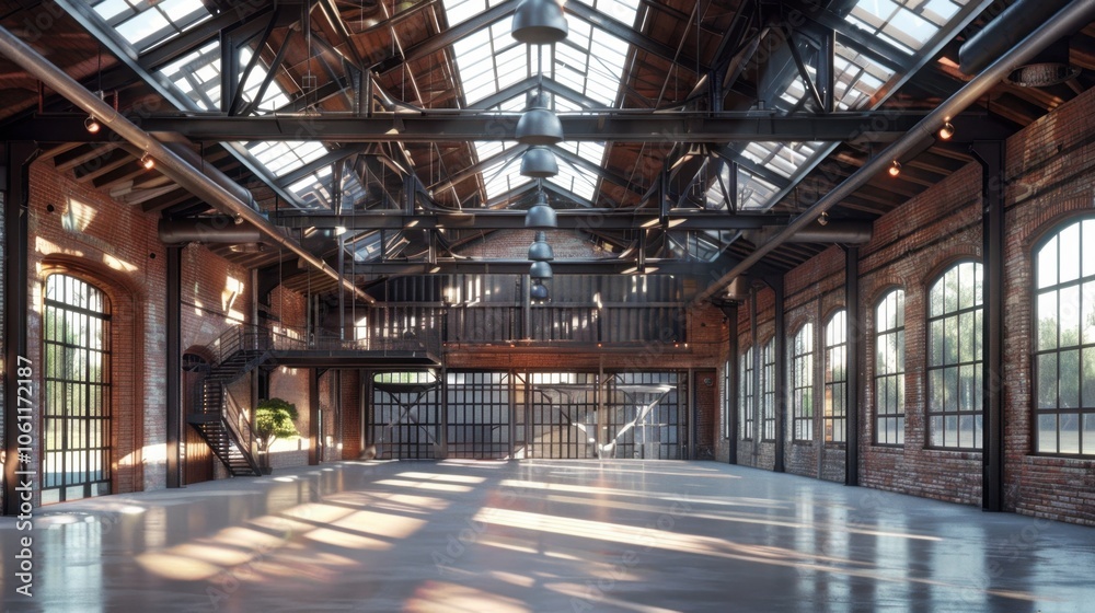 A large, open industrial space with brick walls, large windows, and a metal framework. Sunlight streams in from the windows, casting long shadows across the floor.
