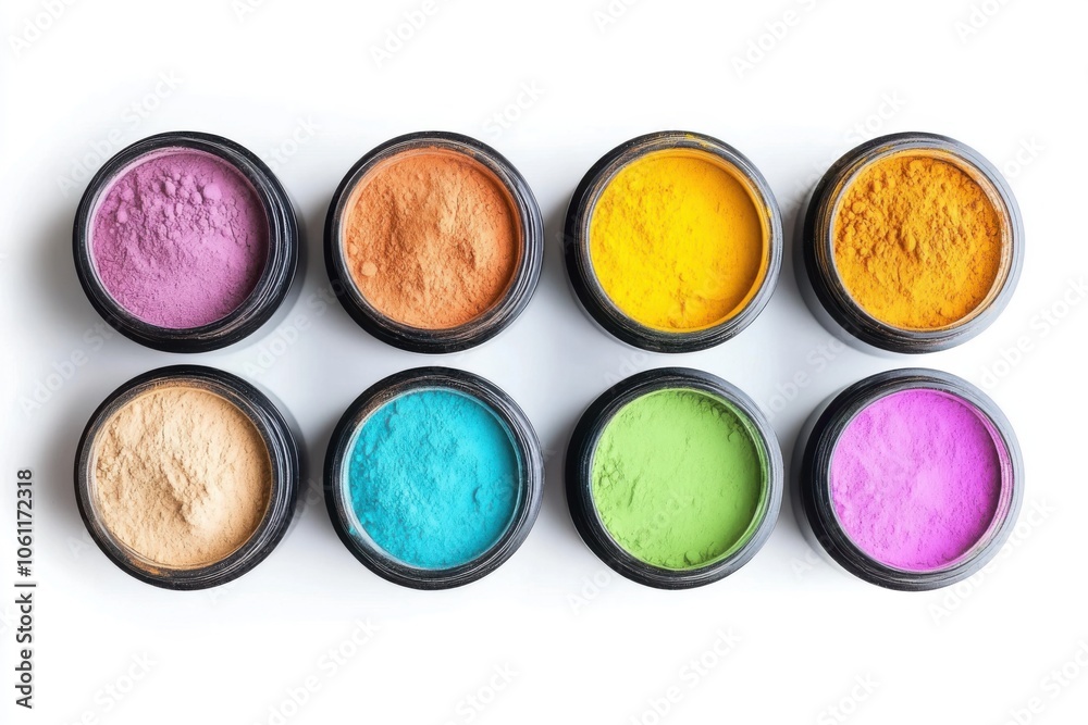 Vibrant powders in circular containers, showcasing a colorful array of pigments ideal for art and craft applications. Vibrant powders in circular containers, showcasing a colorful array of pigments ideal for art and craft applications.