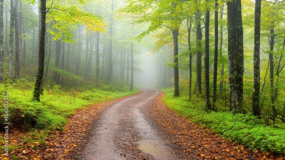 Obraz premium A winding path through a misty forest with vibrant autumn foliage.