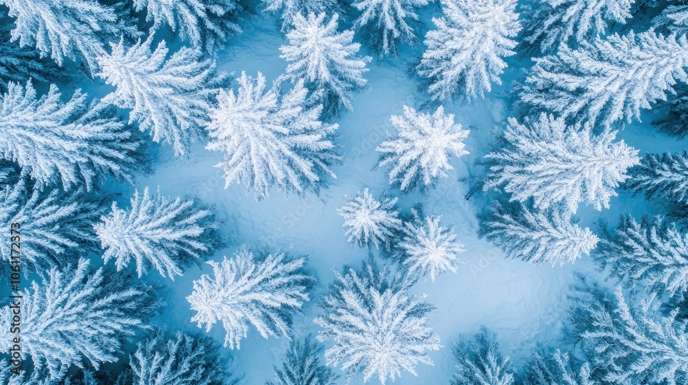 Aerial view of snow-covered evergreen trees in a serene winter landscape. Aerial view of snow-covered evergreen trees in a serene winter landscape.