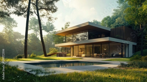 Modern house surrounded by greenery with a pool, showcasing contemporary architecture.