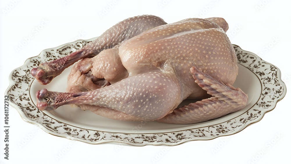 Whole raw chicken on a white oval platter. Whole raw chicken on a white oval platter.