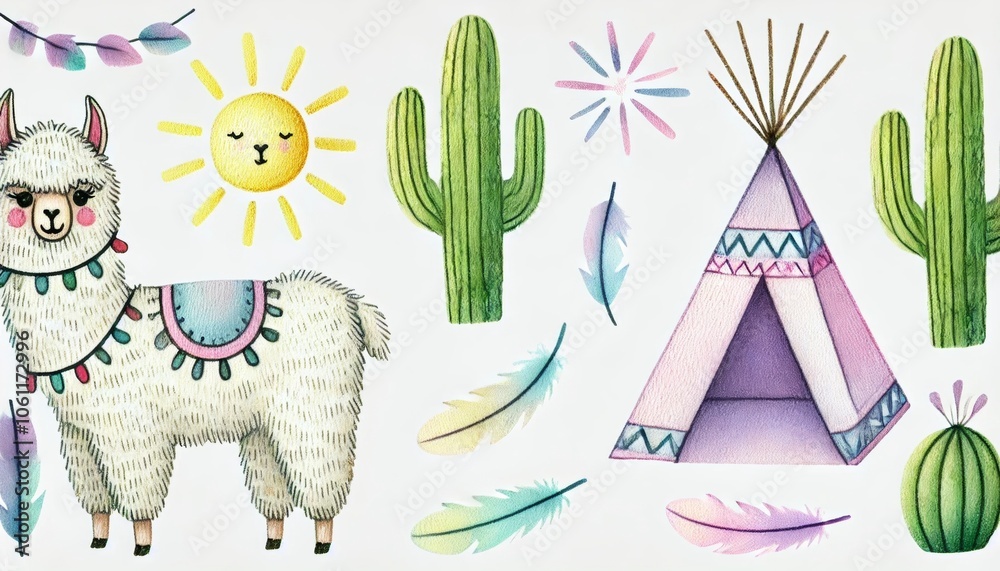 Fototapeta premium Watercolor illustration featuring a cute llama, cacti, colorful feathers, a teepee, and a smiling sun, creating a whimsical and vibrant scene