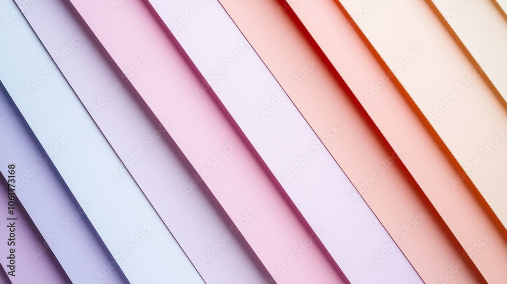 Fototapeta premium Diagonal stripes of colored paper creating a gradient effect, ranging from soft purples and blues to warm pinks and oranges, provide a vibrant and textured backdrop