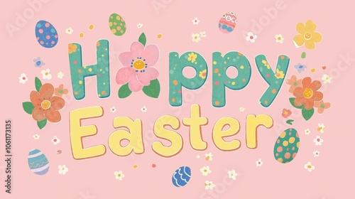 Happy easter lettering decorated with colorful flowers and painted eggs is celebrating the arrival of spring and religious holiday on a pink background