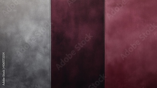 Gray and burgundy leather panels stitched together creating an abstract background with contrasting colors and textures, suitable for design projects