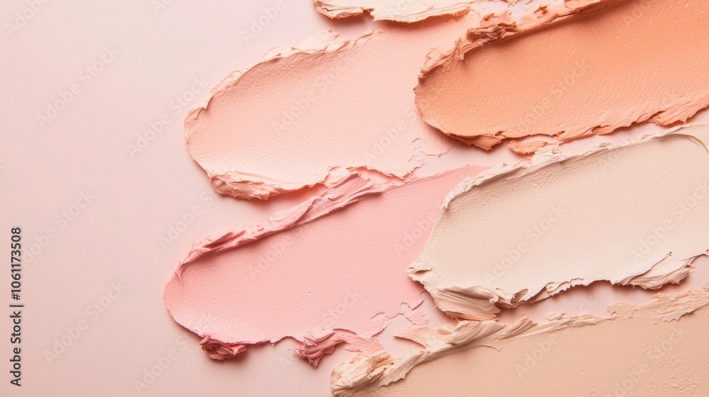 Different shades of foundation or concealer makeup are smeared on a pink background, creating a gradient effect and showcasing the variety of tones available Different shades of foundation or concealer makeup are smeared on a pink background, creating a gradient effect and showcasing the variety of tones available