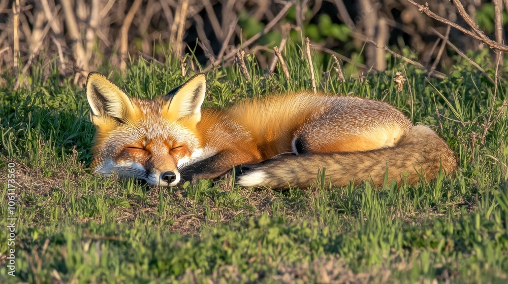 Obraz premium A red fox peacefully sleeping on green grass in a natural setting.