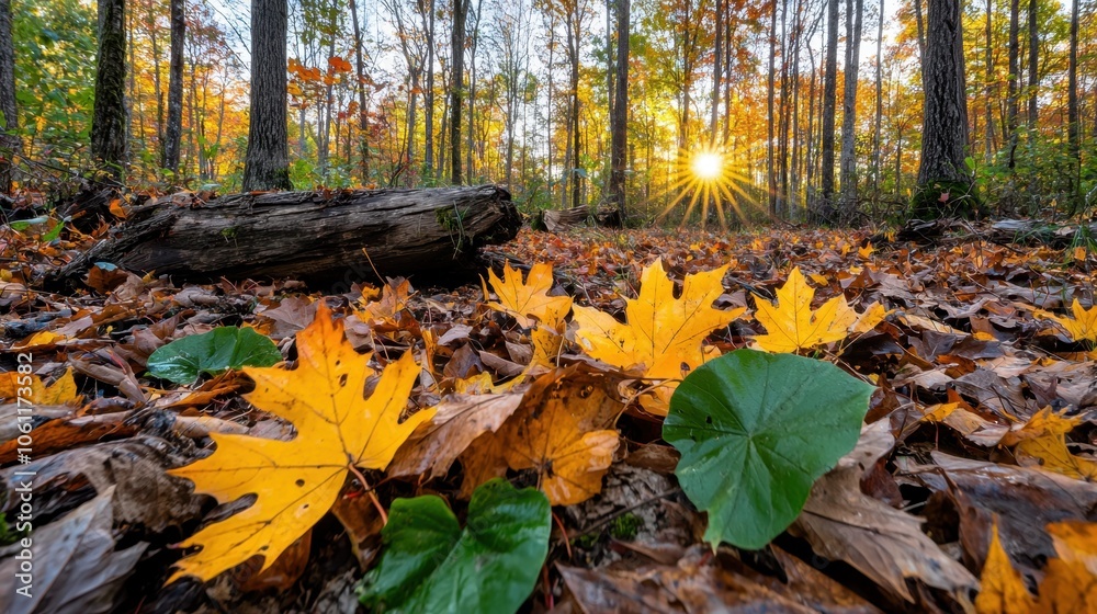 A low angle view of fallen leaves in a forest with the sun shining through the trees. A low angle view of fallen leaves in a forest with the sun shining through the trees.