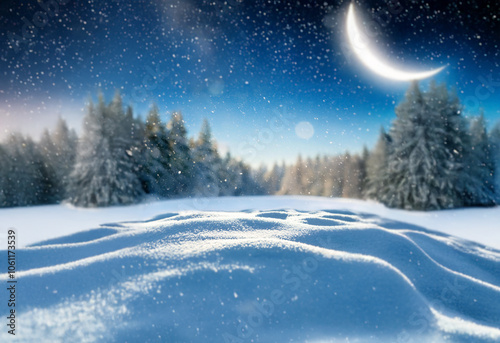 A snowy field with pine trees on both sides of the frame and a crescent moon in the night sky.