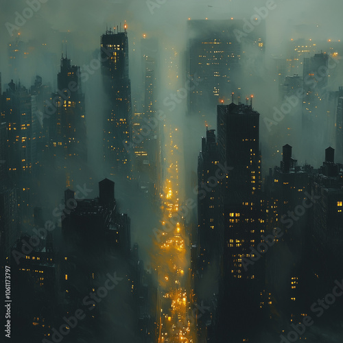 golden lights of the city cut through the dense fog, creating a captivating urban tapestry at night photo