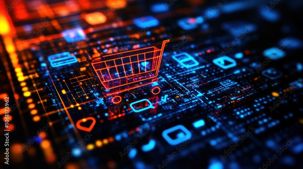 Digital shopping cart overlaid on a network of social media and app icons. Digital shopping cart overlaid on a network of social media and app icons.