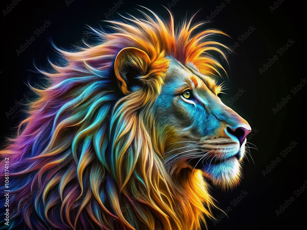 Fototapeta premium Colorful Neon Lion Face Side View - Tilt-Shift Photography Style Illustration on Black Background