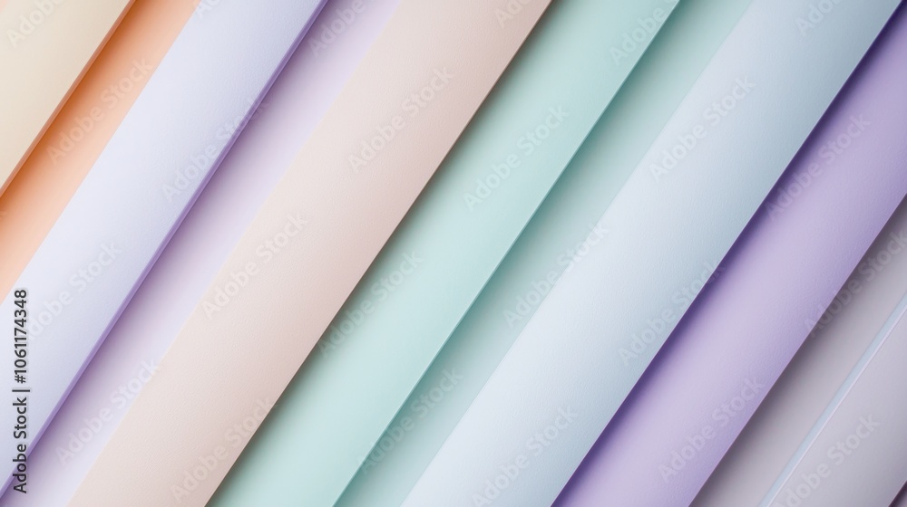 Obraz premium Soft pastel-colored paper stripes are arranged diagonally, creating a soothing and visually appealing pattern ideal for backgrounds and design elements