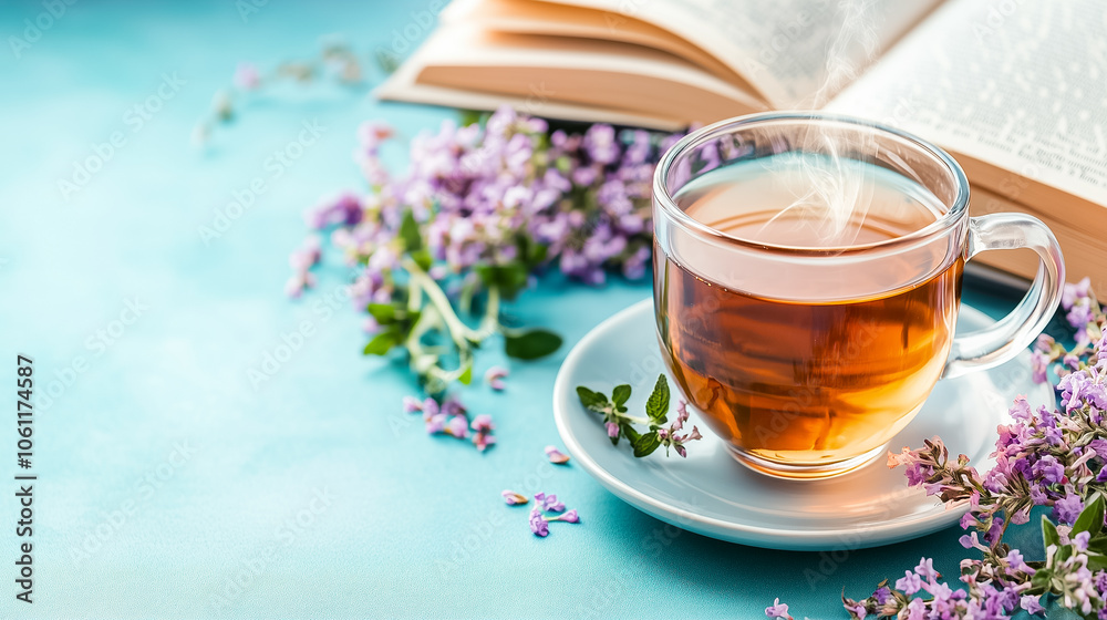 Herbal tea releases steam next to an open book and freshly picked flowers, creating a calming atmosphere Herbal tea releases steam next to an open book and freshly picked flowers, creating a calming atmosphere
