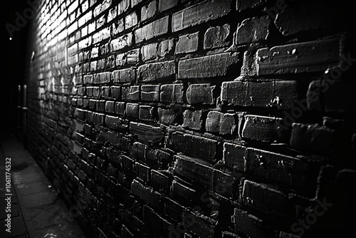 A black and white photo of a brick wall in an alleyway at night. The wall is illuminated by a streetlight.