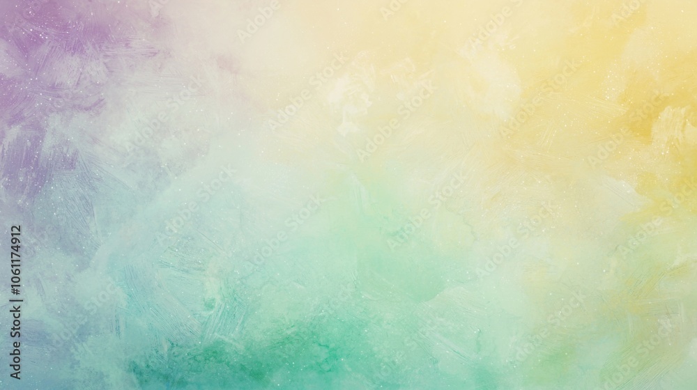 Colorful pastel painted background texture showing a gradient of green, purple and yellow colors with brush strokes and a textured surface, perfect for backgrounds and designs