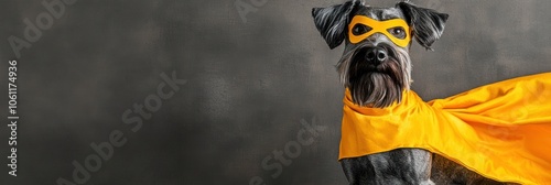 A dog dressed as a superhero with a yellow cape and mask against a gray background.