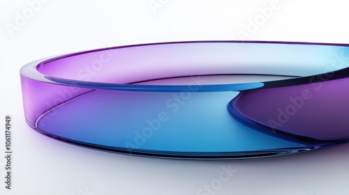 Closeup of a purple and blue glass ring on a white background.