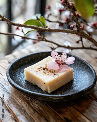 素朴なお皿に盛られた食用花とゴマを添えた滑らかな豆腐のデザート photo