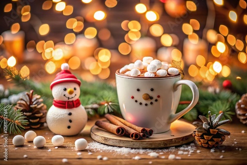 Cozy Christmas Hot Chocolate with Marshmallow Snowman Surrounded by Bokeh Lights for Festive Warmth and Joyful Holiday Vibes