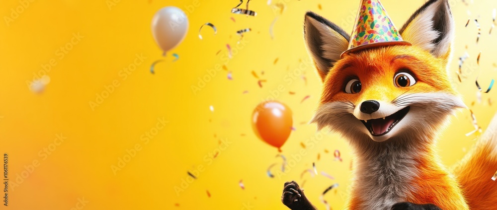 A cheerful fox wearing a party hat amidst balloons and confetti, celebrating joyfully. A cheerful fox wearing a party hat amidst balloons and confetti, celebrating joyfully.