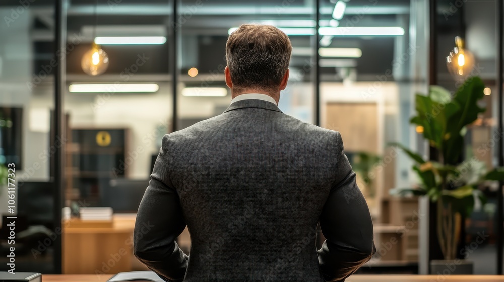 Businessman in Suit Standing in Modern Office Workspace Businessman in Suit Standing in Modern Office Workspace