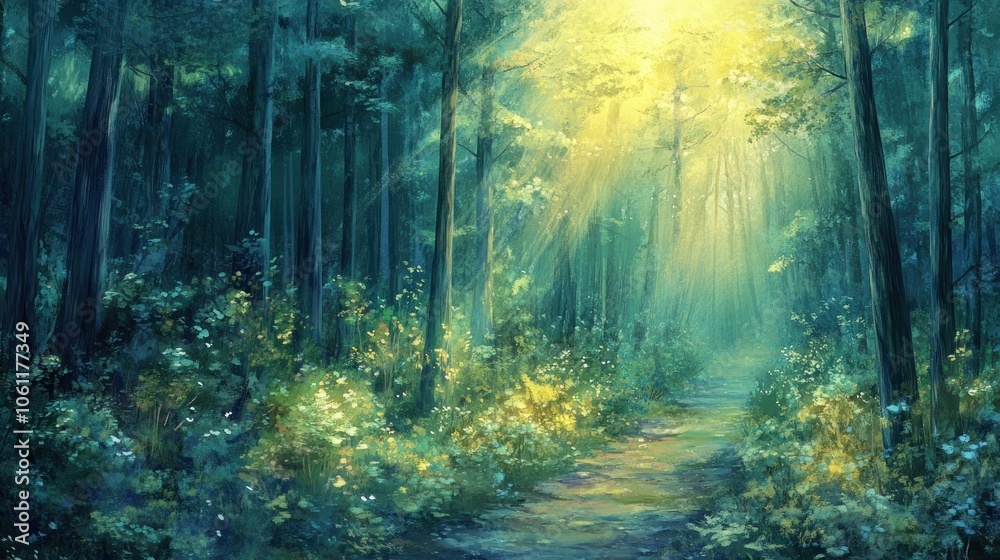 Fototapeta premium A serene forest path illuminated by soft sunlight, inviting tranquility and reflection.