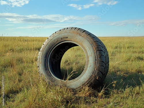 Tire in a field with grass and sky in background photo