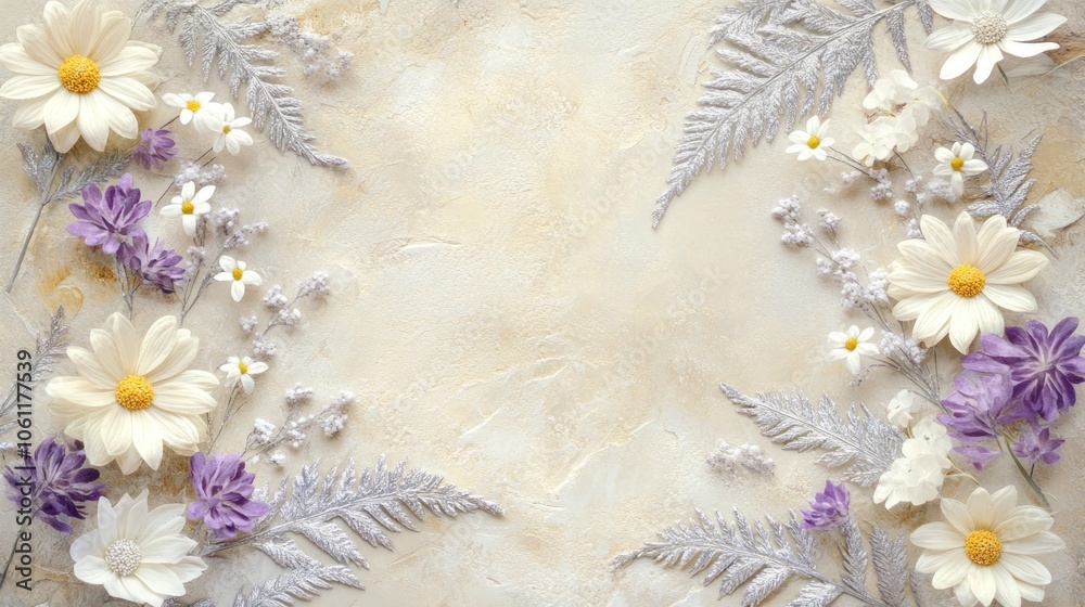 A delicate arrangement of flowers and ferns on a textured background, ideal for decoration. A delicate arrangement of flowers and ferns on a textured background, ideal for decoration.