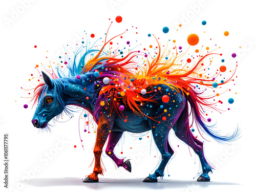 This vibrant stallion embodies the spirit of creativity and joy through its colorful mane, digital art of abstract representation concept.