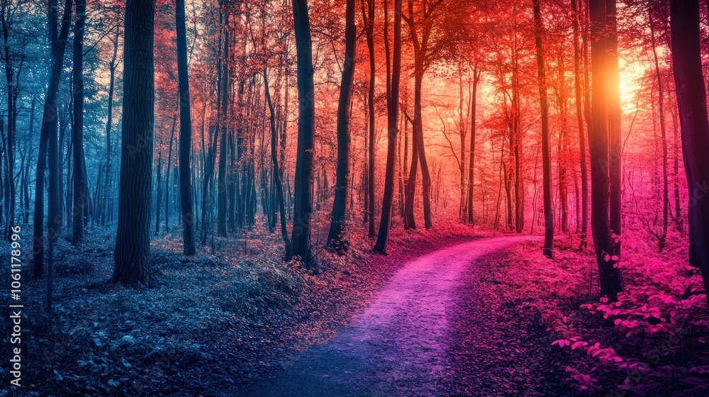 Obraz premium A vibrant forest path illuminated by colorful light, creating a surreal atmosphere.