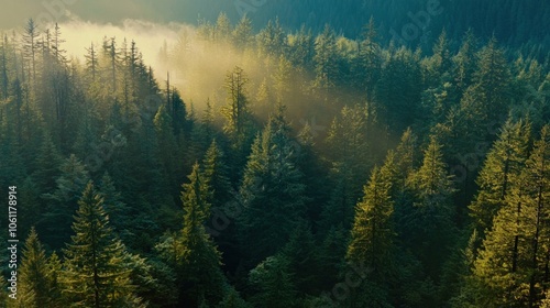 A serene forest landscape with mist and sunlight filtering through tall trees.