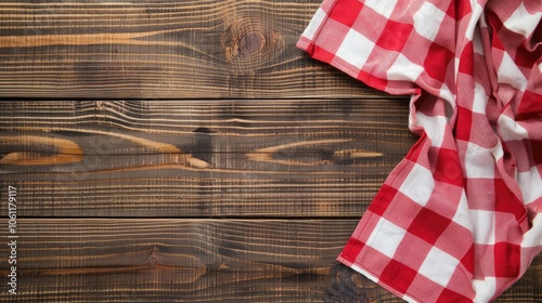 Obraz na płótnie Mockup of picnic table setting with checkered napkin on wooden table, red and white tablecloth banner, kitchen towel with gingham pattern, restaurant dishcloth on wood background. w salonie