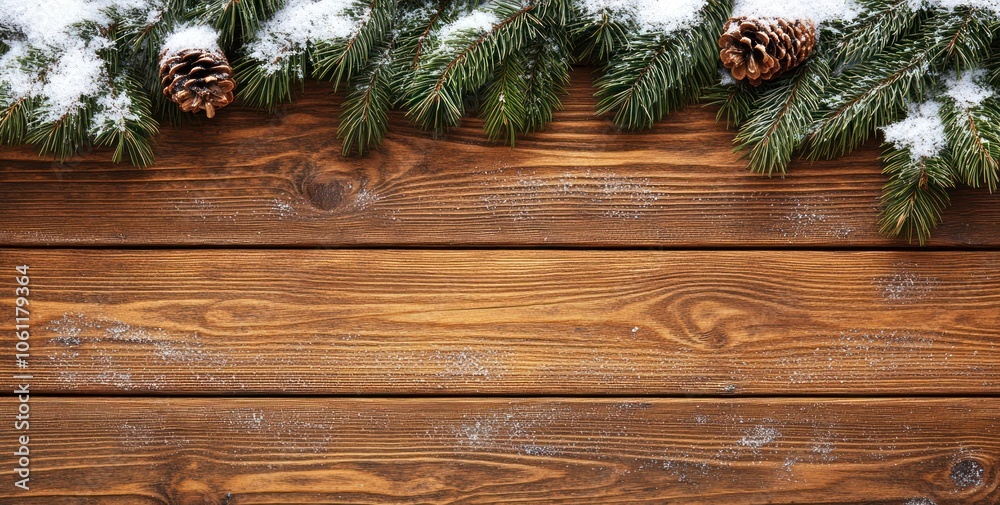 A wooden surface adorned with snow, pine branches, and cones, evoking a wintery atmosphere. A wooden surface adorned with snow, pine branches, and cones, evoking a wintery atmosphere.