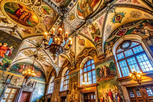 Decorative Macro Photography of Historic Wall and Ceiling Paintings in Old Town Hall, Prague - Captivating Artistry and Architectural Details